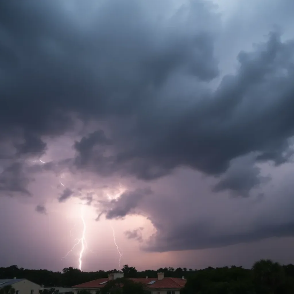 Dark storm clouds gather over Savannah, indicating severe thunderstorms