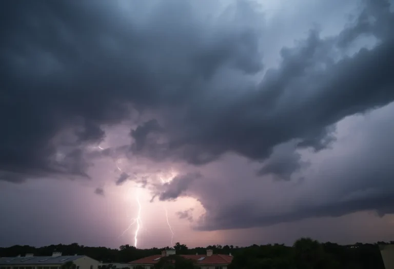 Dark storm clouds gather over Savannah, indicating severe thunderstorms