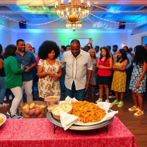 Community members celebrating at the Savannah Tribune 150th anniversary event with Southern food and sneakers theme.