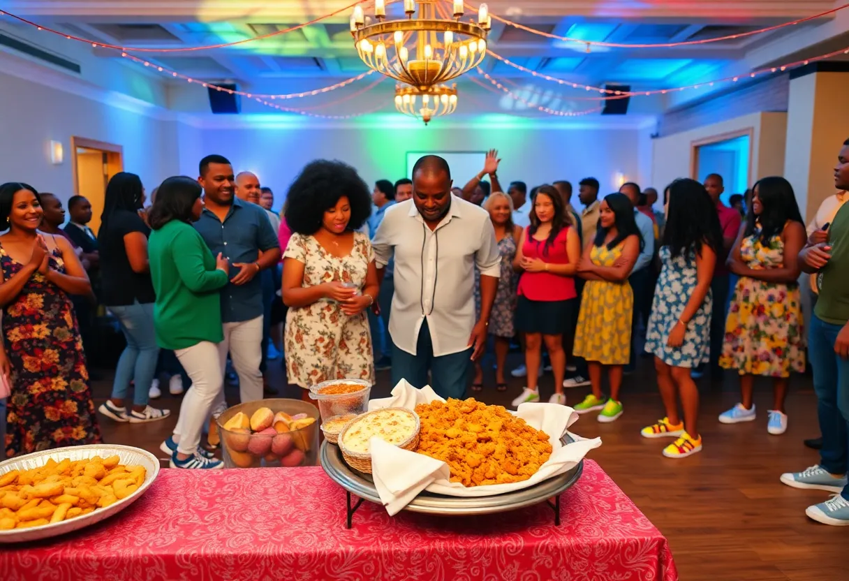 Community members celebrating at the Savannah Tribune 150th anniversary event with Southern food and sneakers theme.