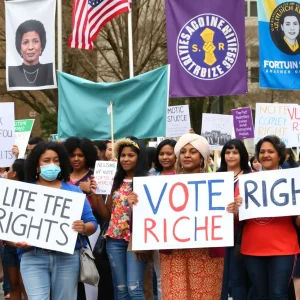 Attendees at Savannah memorial for John Lewis holding banners advocating for voting rights.