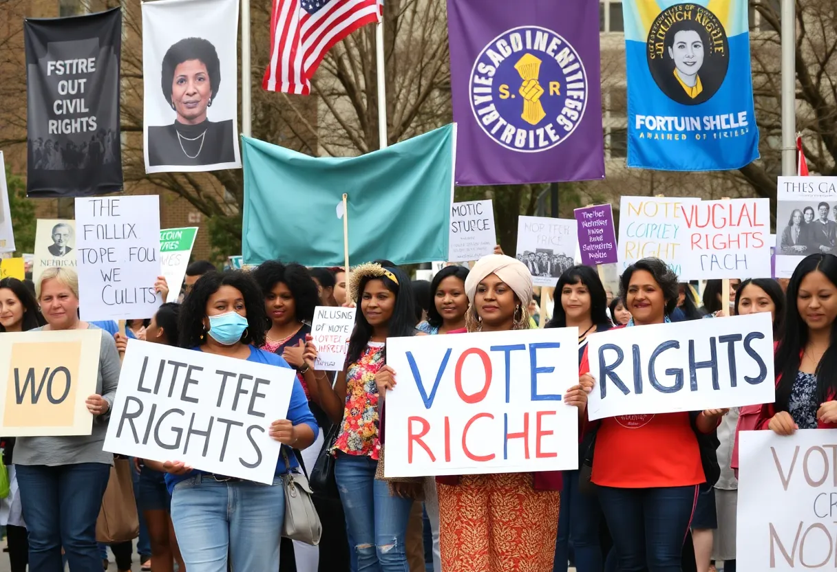 Attendees at Savannah memorial for John Lewis holding banners advocating for voting rights.