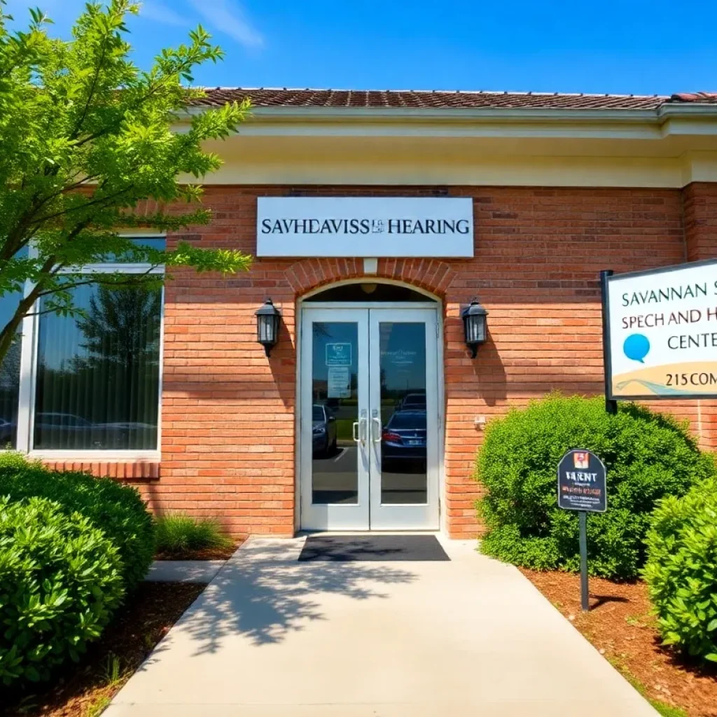 Entrance of Savannah Speech and Hearing Center with a sign and green landscape.