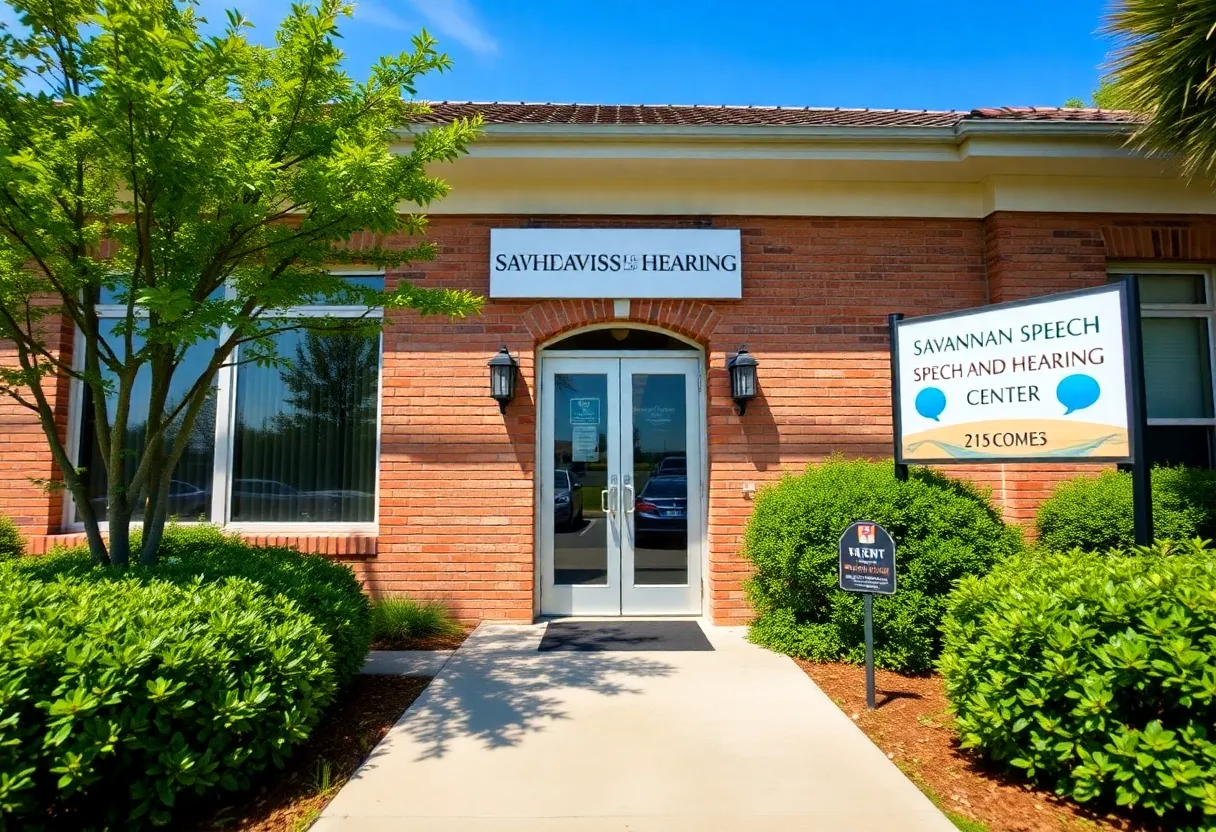 Entrance of Savannah Speech and Hearing Center with a sign and green landscape.