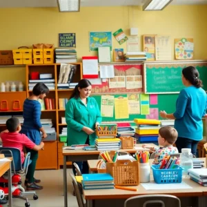 A classroom filled with educational resources and engaged students