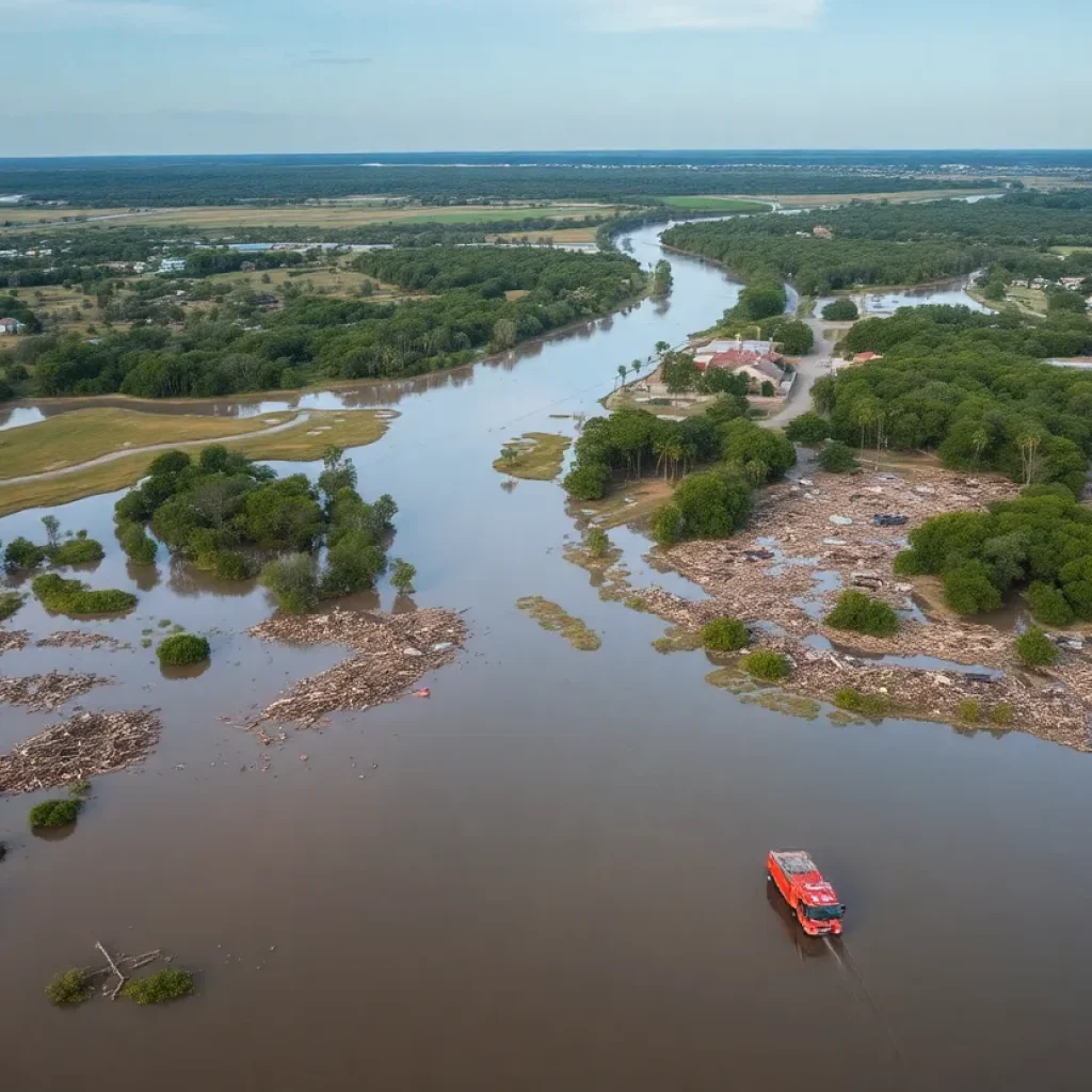 Flooded area in Texas with emergency responders and rescues underway