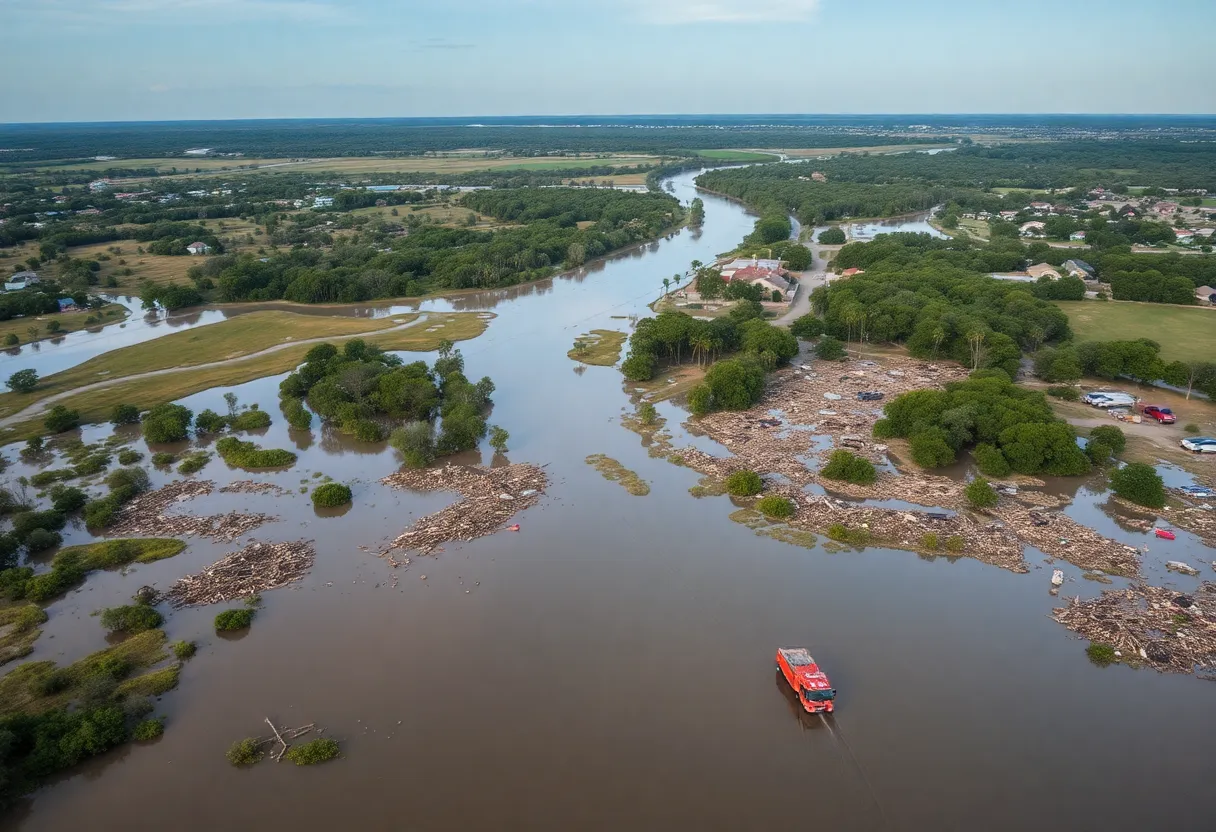 Flooded area in Texas with emergency responders and rescues underway