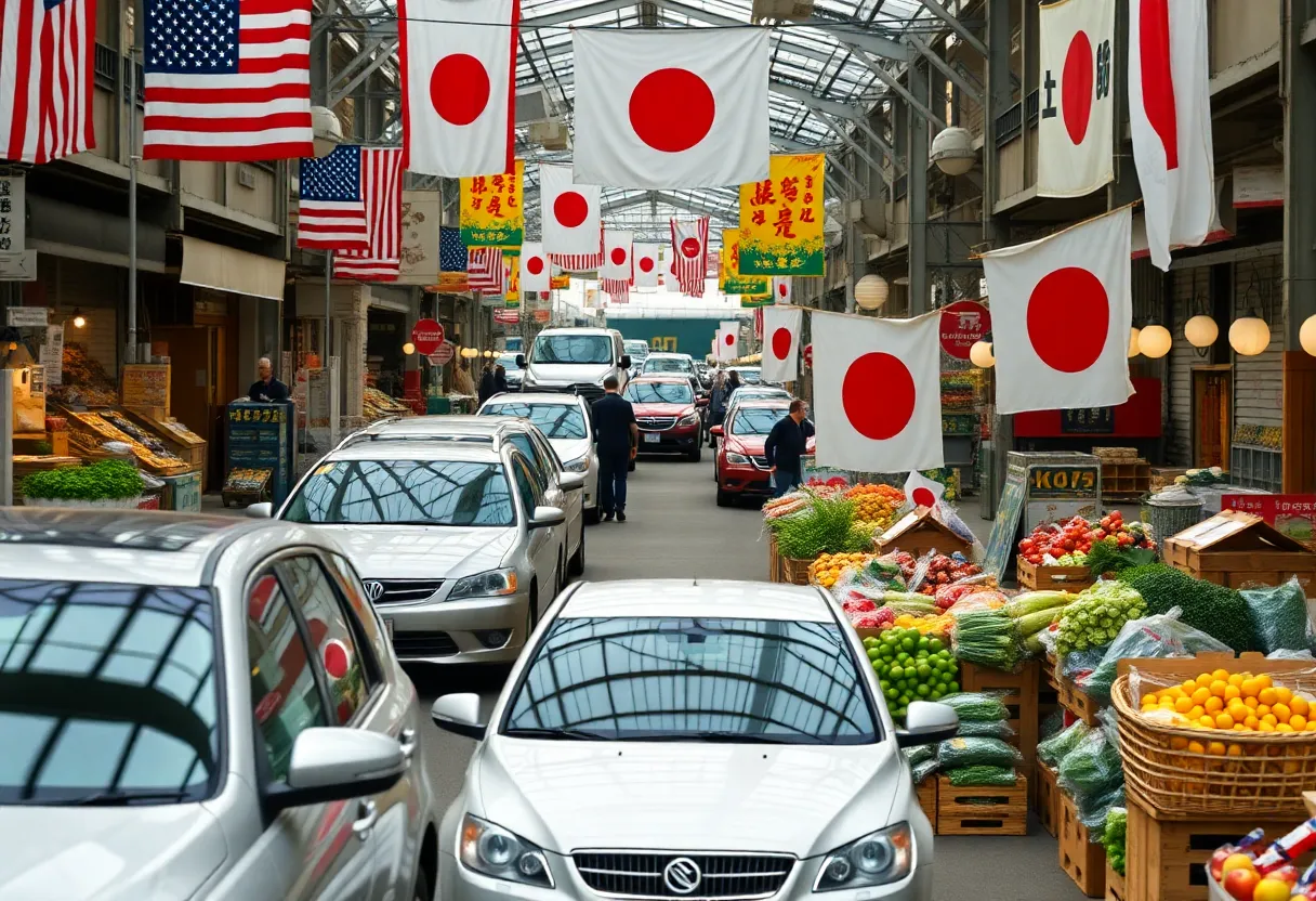 Market showing U.S. and Japanese products symbolizing trade relations