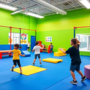 Kids participating in USA Ninja Challenge fitness program with obstacle courses.