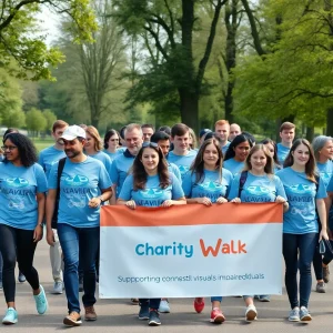 A charity walk in Savannah with diverse participants supporting visual impairment awareness