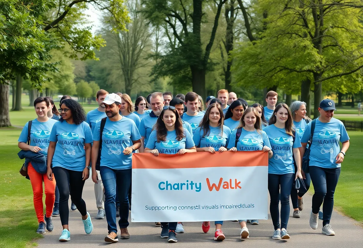 A charity walk in Savannah with diverse participants supporting visual impairment awareness