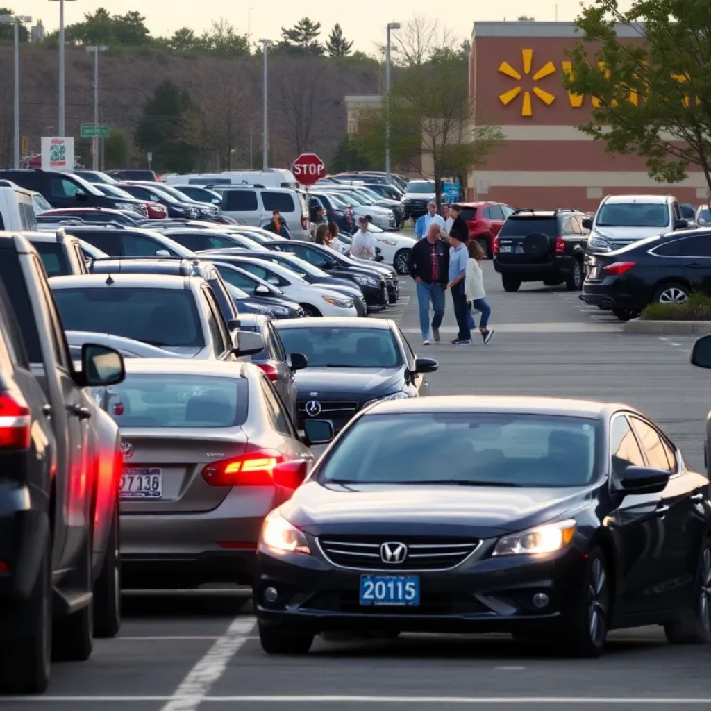 A Walmart parking lot with a focus on vehicles and pedestrians.