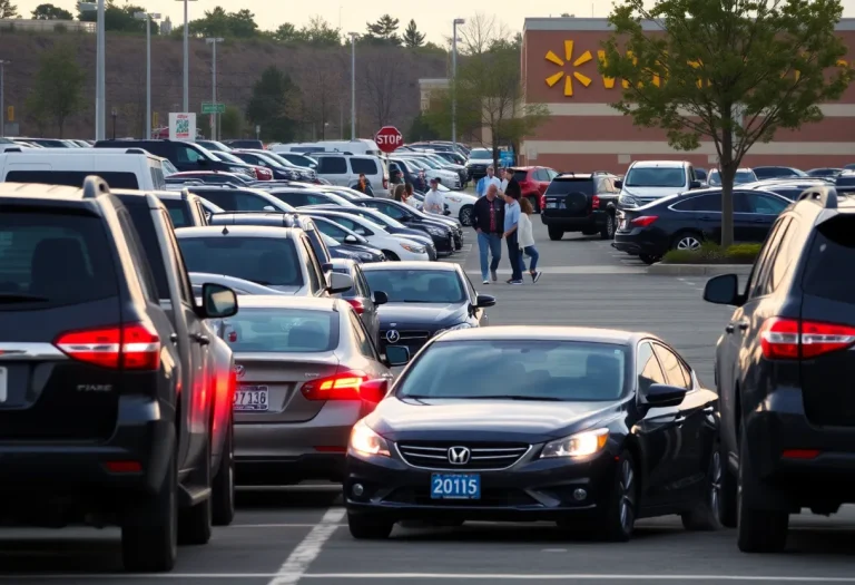 A Walmart parking lot with a focus on vehicles and pedestrians.