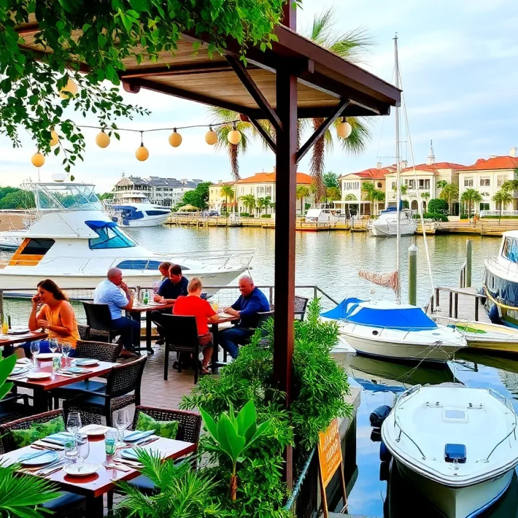 Boaters enjoying waterfront dining at a restaurant in Savannah