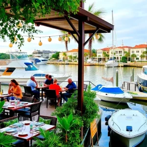 Boaters enjoying waterfront dining at a restaurant in Savannah