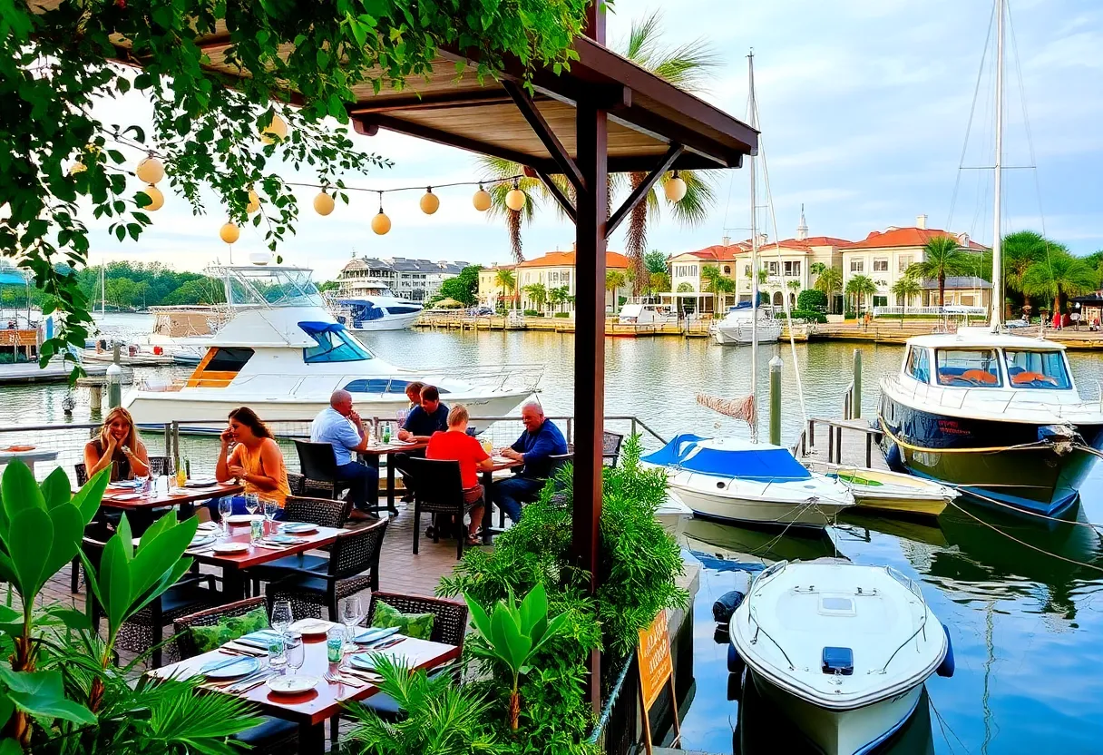 Boaters enjoying waterfront dining at a restaurant in Savannah