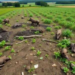 Farmland showing damage caused by wild pigs in Georgia