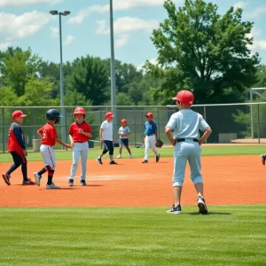 Young baseball players practicing on a field