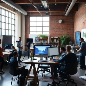 Interior of a bustling content creation studio in Atlanta with creators at work.