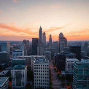 Aerial view of Atlanta, Georgia skyline during sunset