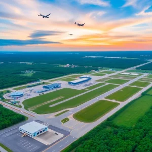 Aerial view of Baldwin County Regional Airport with small aircraft and green landscape