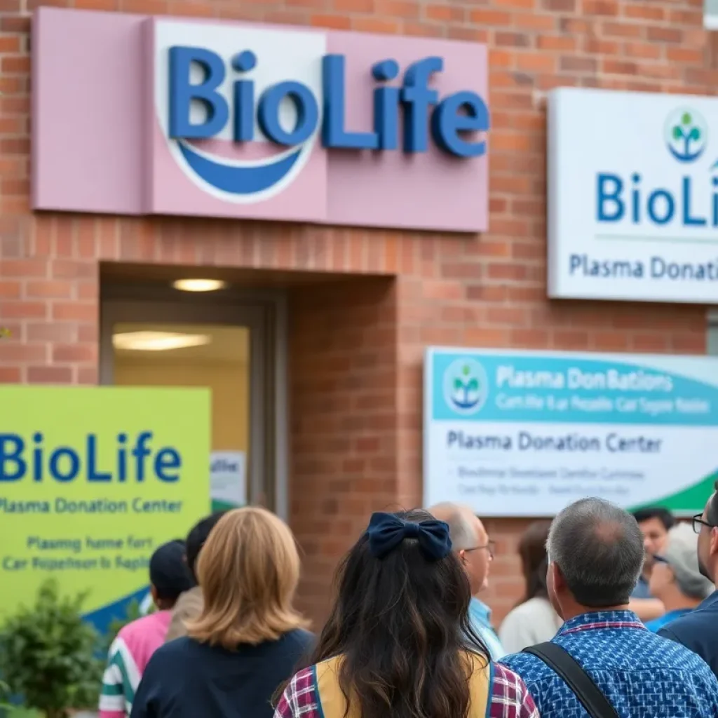 Exterior of BioLife Plasma Donation Center with community members