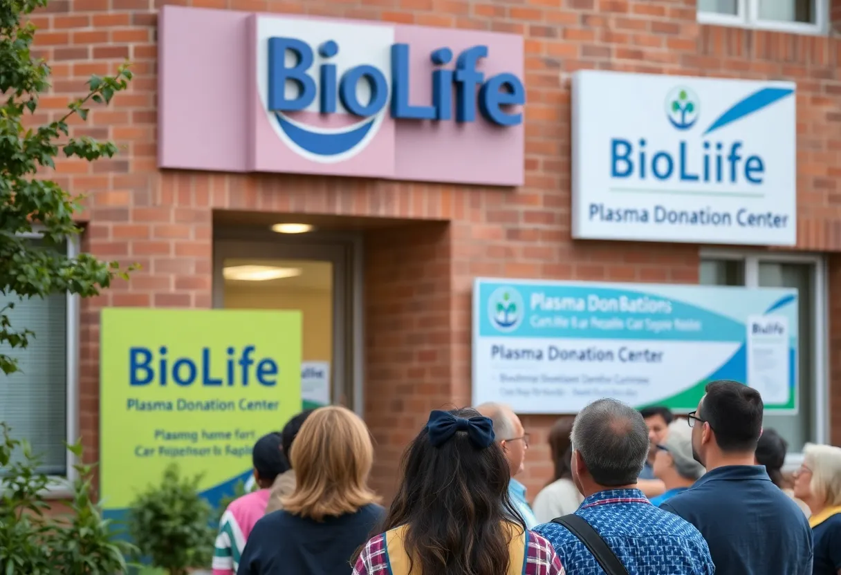 Exterior of BioLife Plasma Donation Center with community members