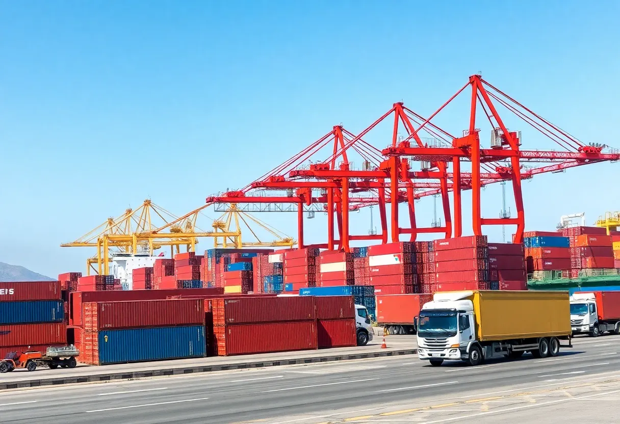 An active port in Georgia with cranes and shipping containers