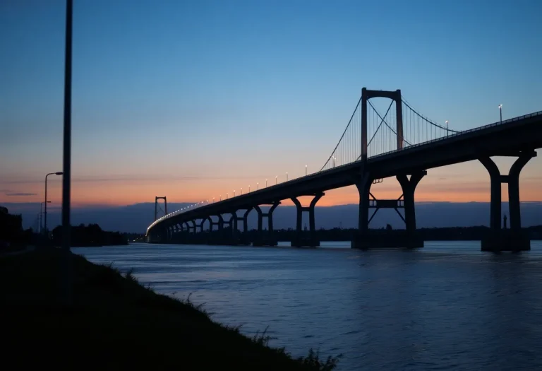Cape Fear Memorial Bridge with a dusk sky