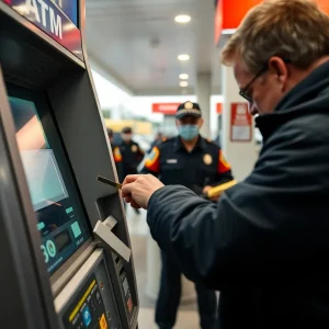 Law enforcement officer inspecting an ATM for skimming devices.