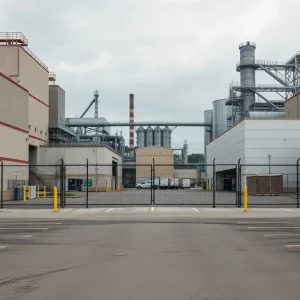 Exterior view of a closed industrial paper mill in Savannah, Georgia