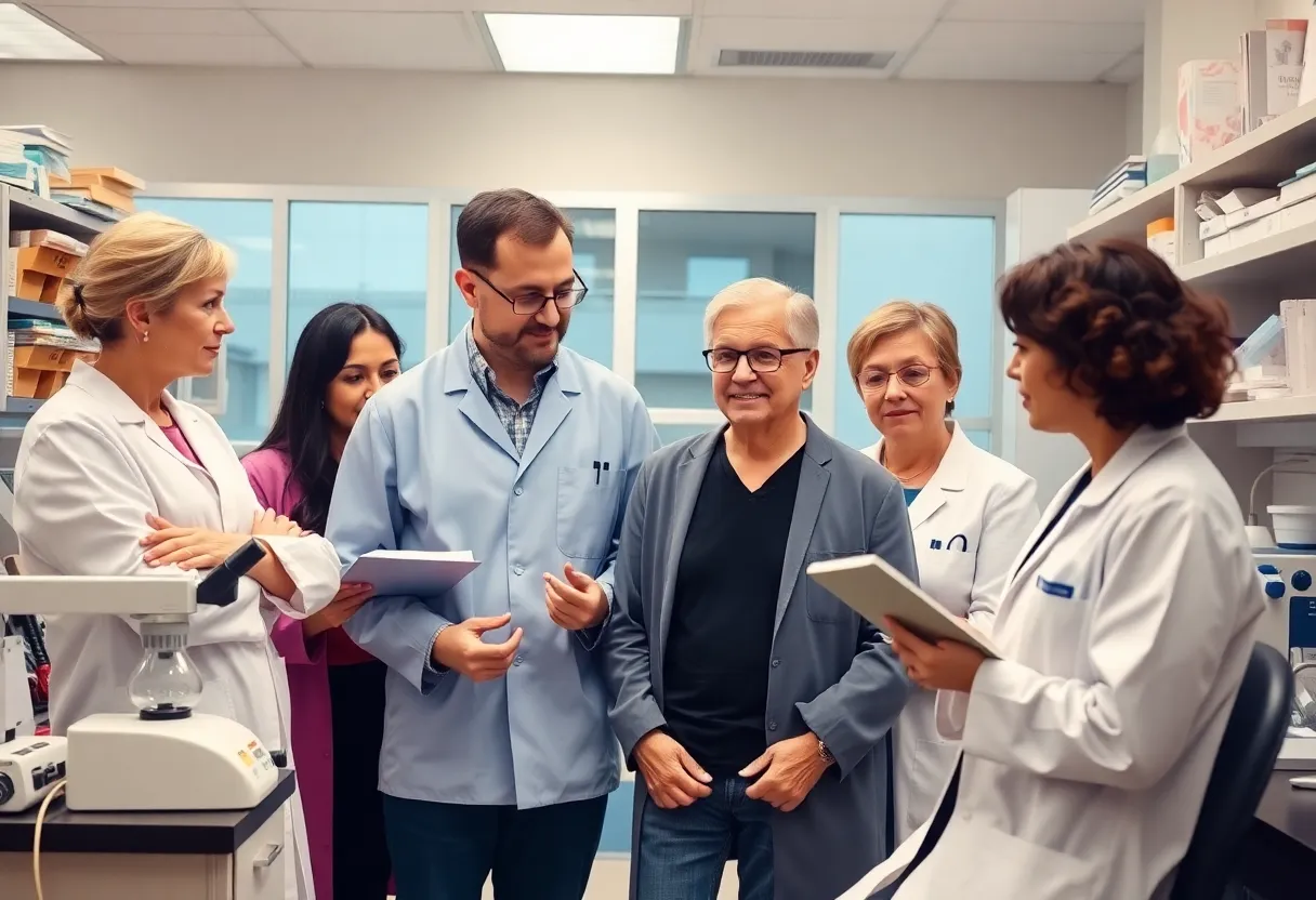 Diverse researchers engaged in Alzheimer's research in a lab.