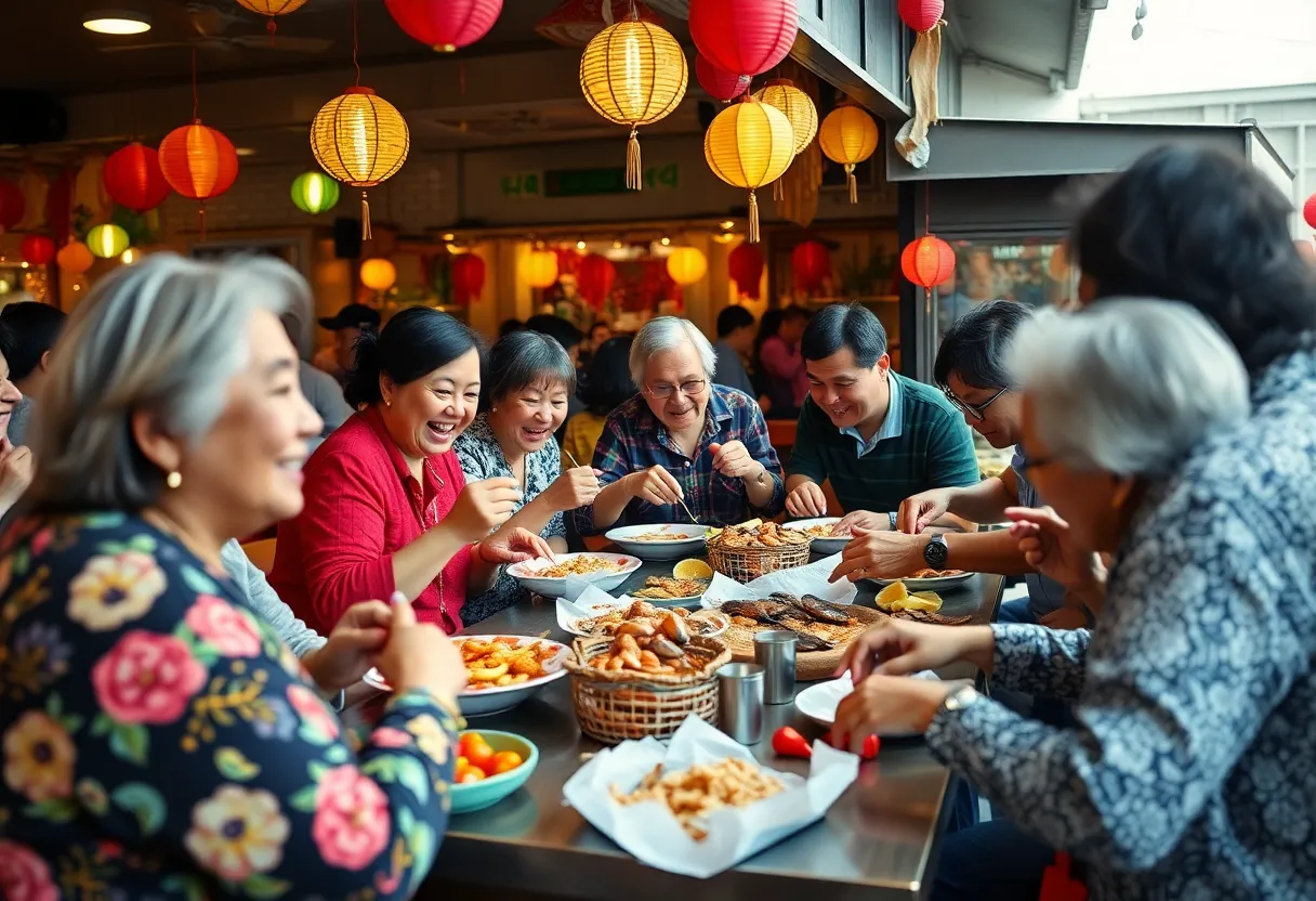 Guests celebrating a birthday with seafood at a restaurant
