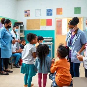 Children engaged with healthcare professionals in a clinic