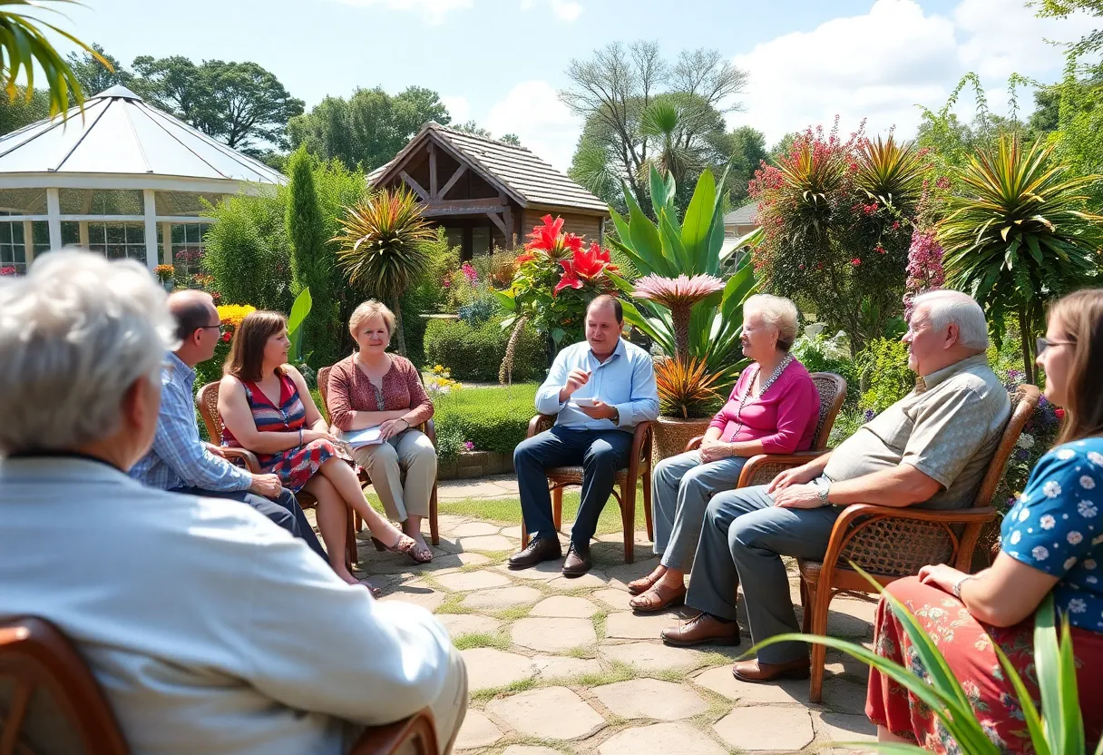 Community members discussing plans at a botanical garden