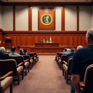 A courtroom setting with empty chairs symbolizing delayed trial