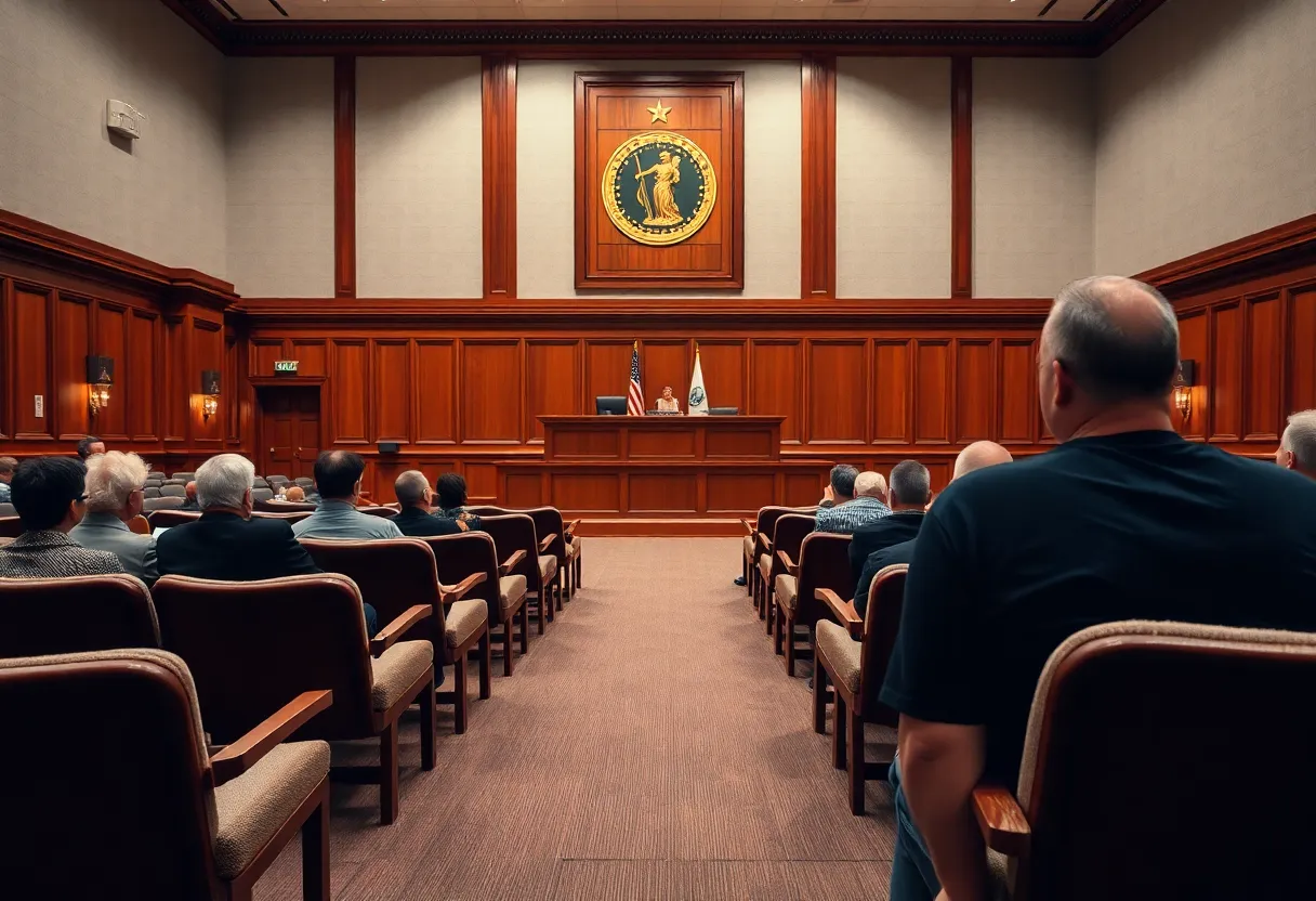 A courtroom setting with empty chairs symbolizing delayed trial