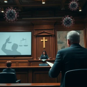 Illustration of a courtroom during a fraud trial related to COVID-19 relief programs.
