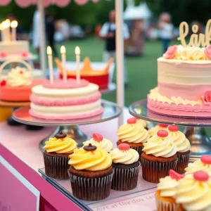 Decorated cakes and cupcakes on display at a local event