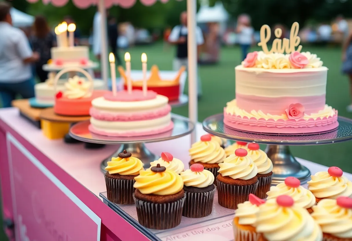 Decorated cakes and cupcakes on display at a local event