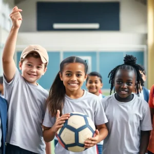 Young athletes of various genders and backgrounds participating in a school sports event.