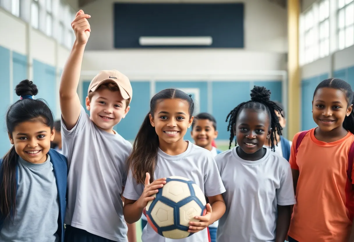 Young athletes of various genders and backgrounds participating in a school sports event.