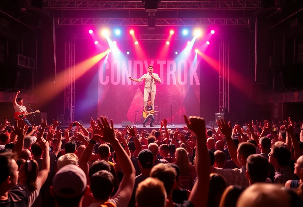 Concert scene with crowd and stage lights during a country music event