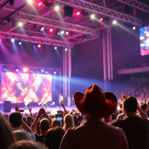 Crowd enjoying a lively concert with a spotlight on a musician performing on stage