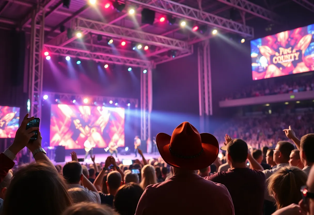 Crowd enjoying a lively concert with a spotlight on a musician performing on stage