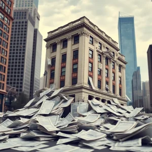 Illustration of a financial building collapsing representing a Ponzi scheme scandal.