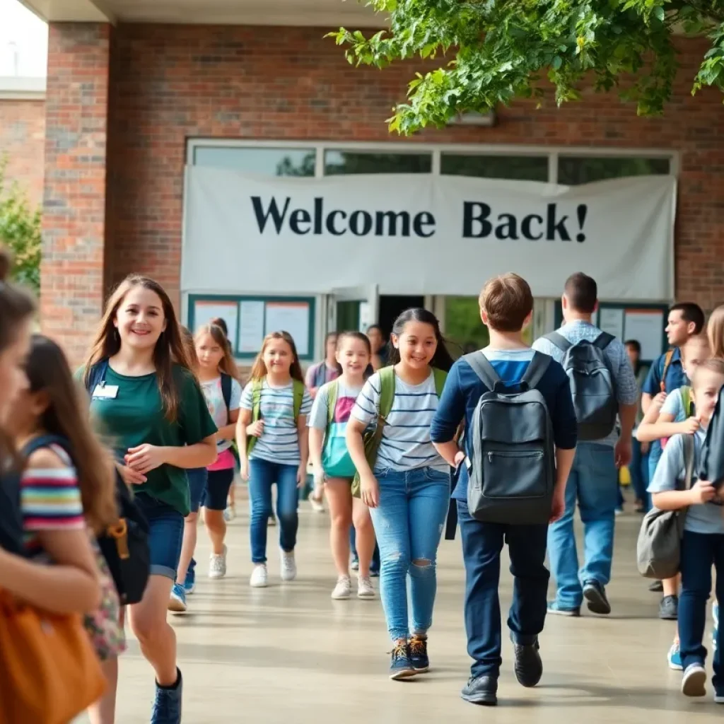 Students arriving at school on the first day of classes