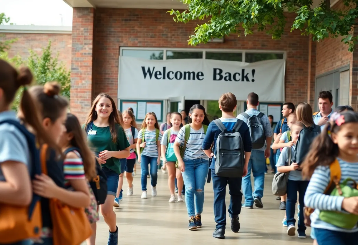 Students arriving at school on the first day of classes