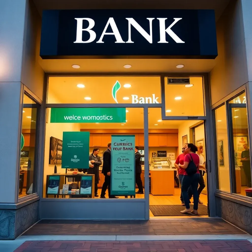 Front view of First Federal Bank in Savannah with community members