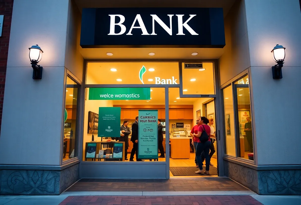 Front view of First Federal Bank in Savannah with community members